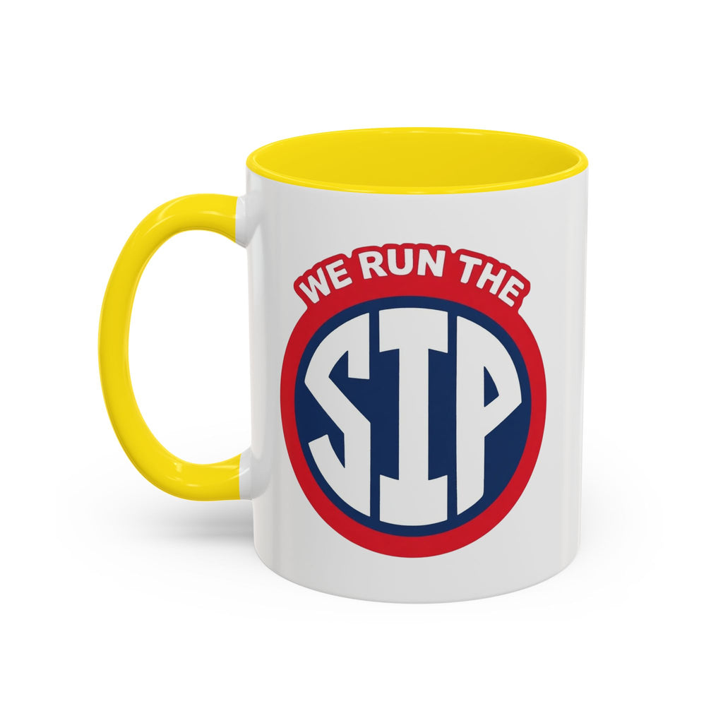 We Run The SIP Coffee Mug — Bold Retro Logo Accent Mug