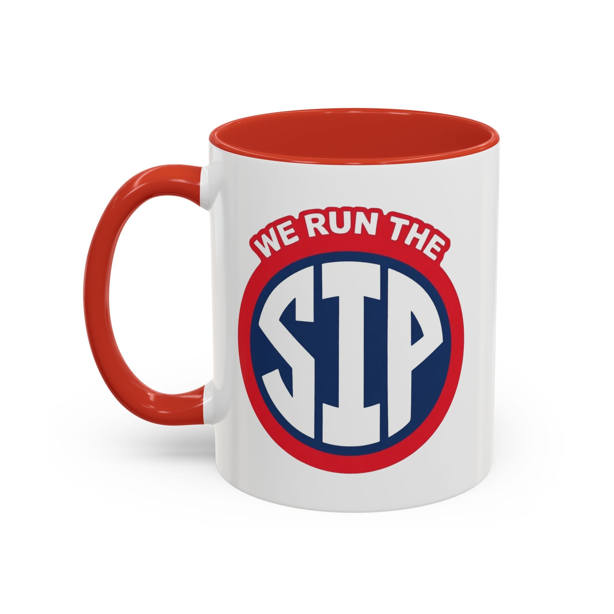 We Run The SIP Coffee Mug — Bold Retro Logo Accent Mug