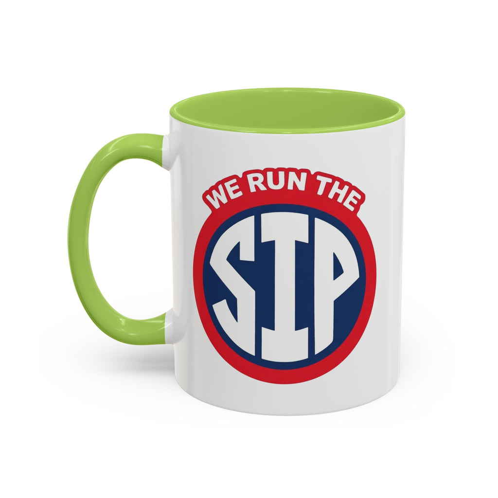 We Run The SIP Coffee Mug — Bold Retro Logo Accent Mug
