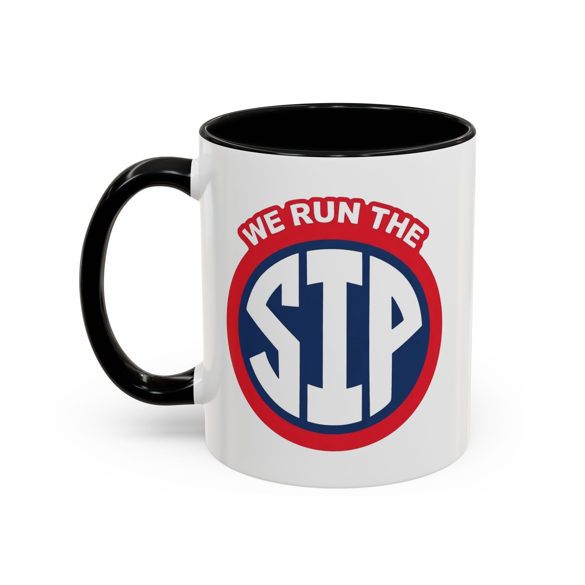 We Run The SIP Coffee Mug — Bold Retro Logo Accent Mug