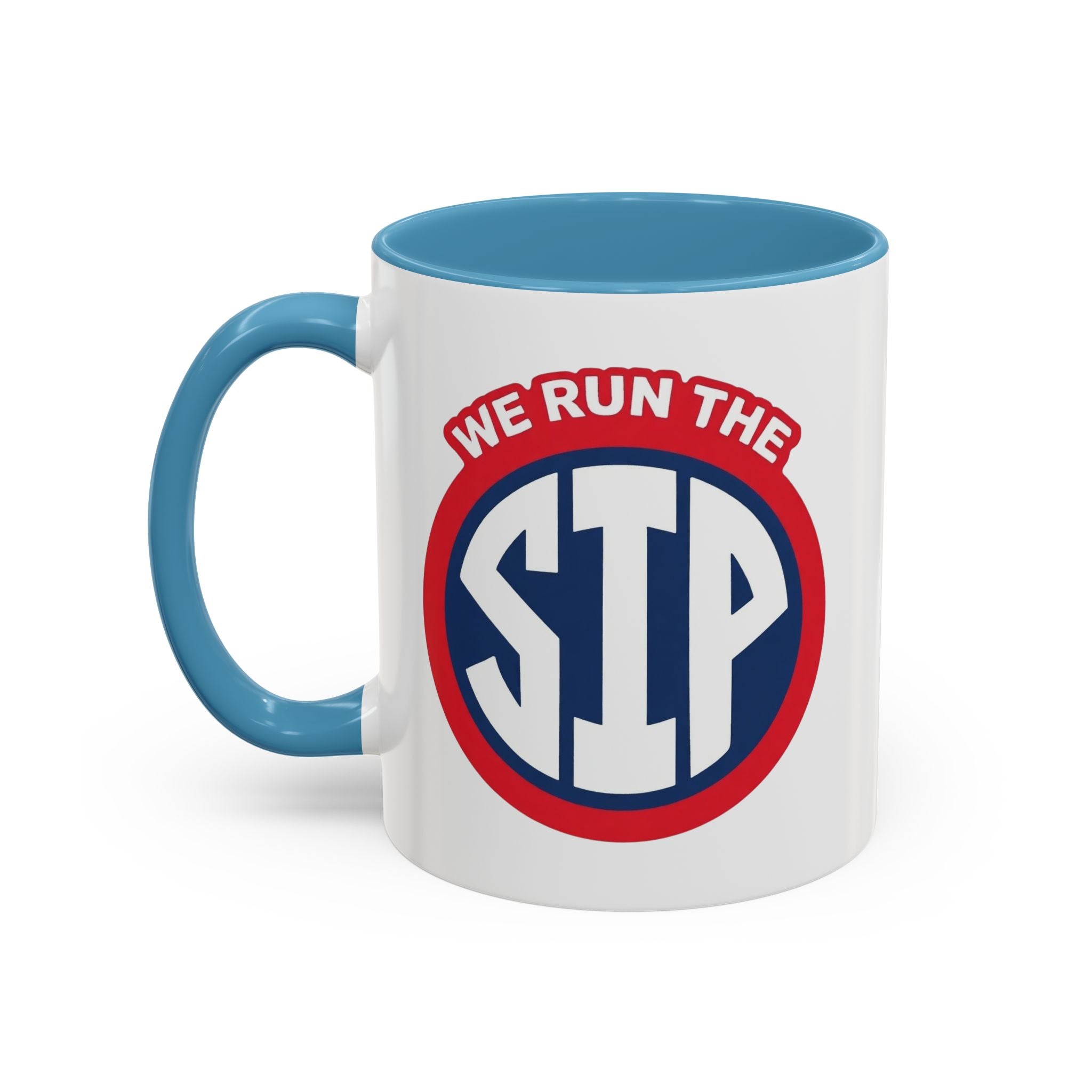 We Run The SIP Coffee Mug — Bold Retro Logo Accent Mug